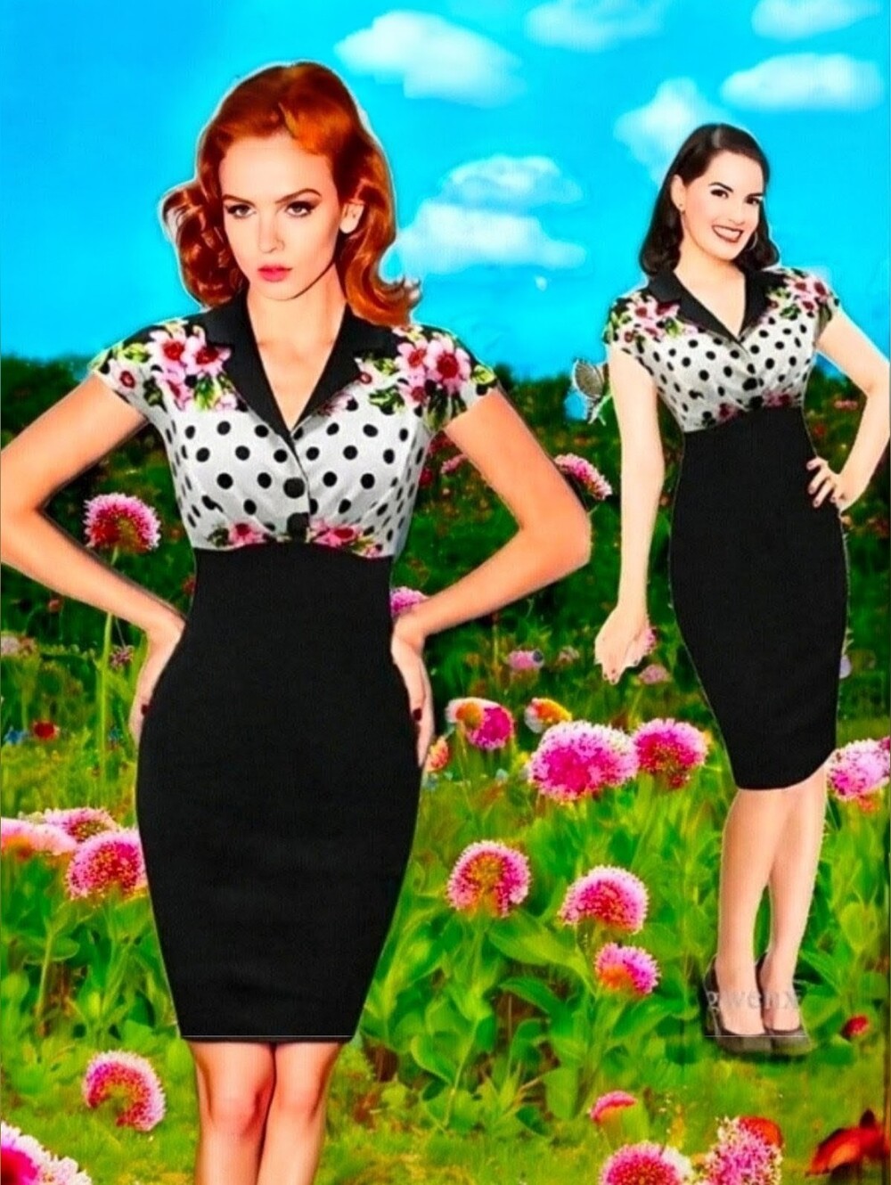 1950's Rockabilly Polka Dot Floral Wiggle Pencil Sheath Bodycon Dress. Sz. L